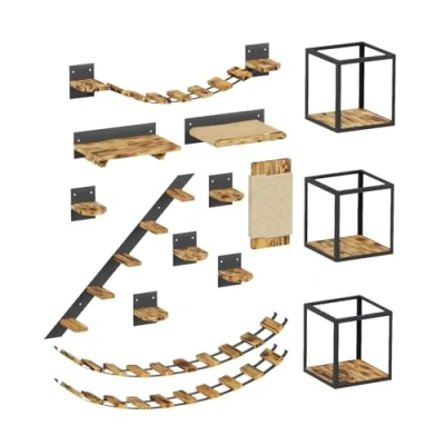 Abbildung von QLS Katzen Kletterwand Set XXL Hängebrüke Katzenbett Katzenregal zur Wandmontage aus Holz und Stahl Loft Industrial Stil