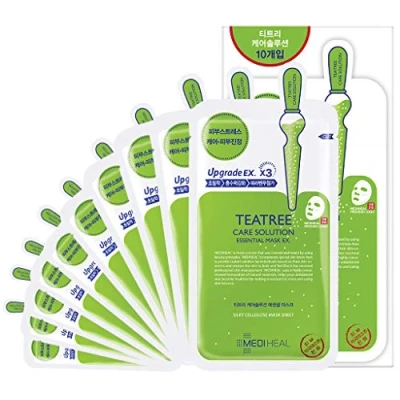 Abbildung von Mediheal Teatree Pflegelösung Unverzichtbare Maske, 10er Pack Baumwoll Gesichtstuchmaske mit Teebaumöl und Cica Extrakten, feuchtigkeitsspendende Gesichtstuchmasken Beruhigung