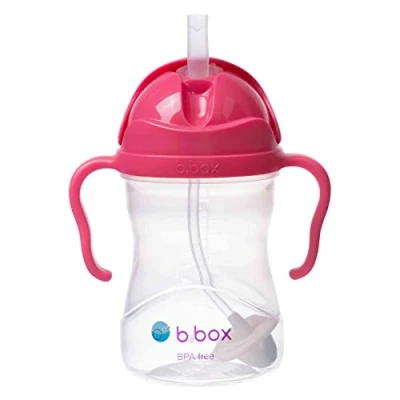 Abbildung von b.box , Silikon, Schnabeltasse mit beschwertem Strohhalm und griffigen Griffen, wiederverwendbare Wasserflasche für Babys einfachem Klappdeckel