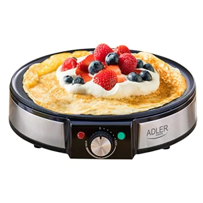 Abbildung von Adler Crêpesmaker AD 3058 Crepes Maker, 1600 W, Ø 30,00 cm, mit 2 Kontrollleuchten für Leistung und Backen, Rund, Silber/Schwarz