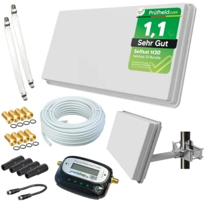 Abbildung von Selfsat H30D2+ Sat Flachantenne Twin mit Fensterhalterung + Finder 20m Kabel netshop 25 Anschluss Set (HD Anlage für 2 Teilnehmer)