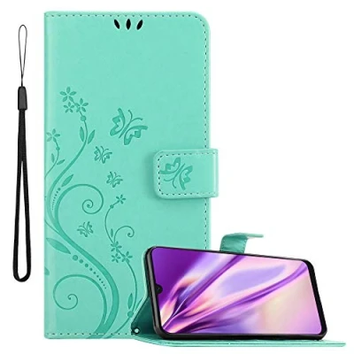 Abbildung von Cadorabo Hülle kompatibel mit Samsung Galaxy A50 4G / A50s A30s Blumen Design aus Kunst Leder Flip Klappbare Magnetische [Kartenfächern] Cover für Tasche in Türkis