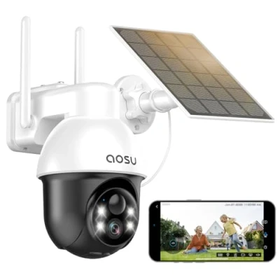 Abbildung von AOSU 2K Solar Überwachungskamera Aussen Akku, Kamera Outdoor mit 360 Überwachung, Automatischer Personenverfolgung, 10M Farbe Nachtsicht, Licht und Tonalarm, 2 Wege Audio, Fernbetrachtung