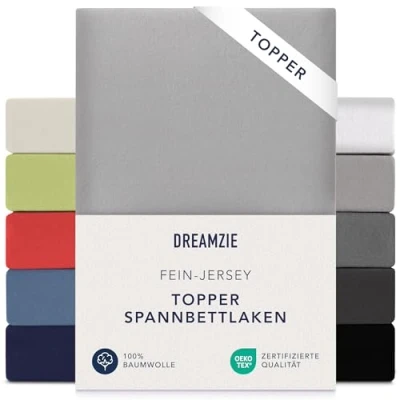 Abbildung von Dreamzie Premium Topper Spannbettlaken 180x200 cm 200x200 extra niedriger Seitenhöhe für Boxspringbett Topperauflage Spannbetttuch Jersey Baumwolle, 150 g/m² Oeko TEX Grau