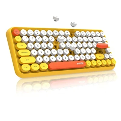 Abbildung von FELiCON 308i Kabellose Retro Tastatur, Bluetooth Silent Cute Computer Tastatur mit Runder Punk Tastenkappe, Matte Textur Kompakte 84 Keys, QWERTY, Typewriter Design für PC, Laptop, Mac Gelb