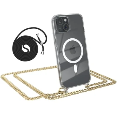 Abbildung von EAZY CASE Handykette kompatibel mit iPhone 15 Kette zum Umhängen Stoßfest Handyhülle für Silikon Hülle Band aus Metall Transparent als Fallschutz in Gold