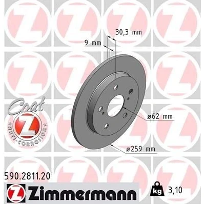 Abbildung von ZIMMERMANN COAT Z 590.2811.20 Bremsscheibe 259 9 7/5 5 114 voll beschichtet TOYOTA: Auris Schrägheck
