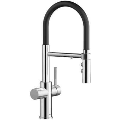Abbildung von BLANCO CATRIS S Flexo Filter Küchenarmatur in chrom Hochdruck gefiltertes Wasser mit dem BWT Wechsel von Klarstrahl Brausestrahl Gesicherte Wasserqualität &amp; wassersparend