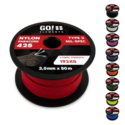 Abbildung von GO!elements 50m Paracord Seil aus reißfestem Nylon 3mm 425 Typ II max. 192kg Schnüre als Outdoor Seil, Allzweckseil, Survival Armband, Hundeleine, Nylonschnur, Farbe: Rot