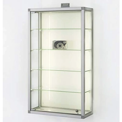 Abbildung von MHN Wandvitrine T 19 x B 51,5 H 88 cm schmale Sammler Hängevitrine abschließbar kleine Glas Vitrine Wand hängend Sammlervitrine Aluminium CPr lichtgraue Holzrückwand ohne Beleuchtung