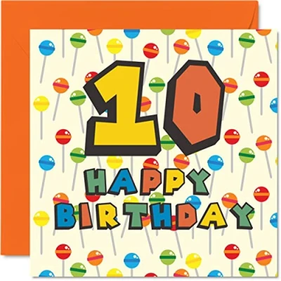 Abbildung von Geburtstagskarte zum 10. Geburtstag, Unisex, Motiv: Lollipop Sweets Candy Happy Birthday Karte für Sohn, Tochter, Bruder, Schwester, Enkel, Enkelin, Nichte, Neffe, Cousin, 145 mm x mm, Grußkarte Geburtstag