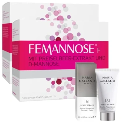 Abbildung von Femannose F 2 x 30 Trinkgranulat mit 2.000 mg D Mannose und Preiselbeer Extrakt für die Blase + gratis Tagespflege vegan, laktosefrei, glutenfrei Blasengesundheit gut verträglich