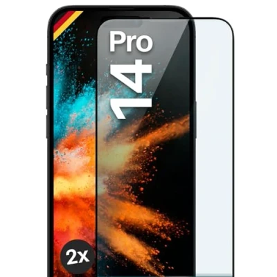 Abbildung von moex Full Screen Schutzglas kompatibel mit Apple iPhone 14 Pro Schutzfolie randlos, ganzer Bildschirm, Curved 3D Folie, Clear 2x Schwarz