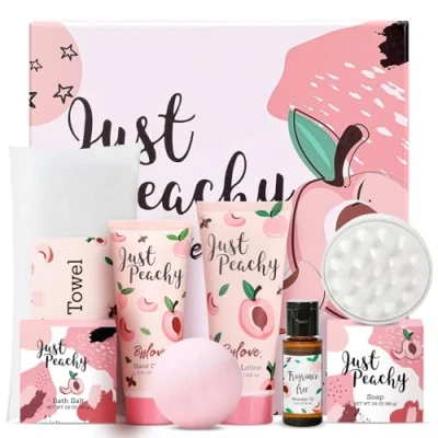 Abbildung von # BFFLOVE Geschenk Box für Frauen, Pfirsich Spa Geschenke Freundin, 8PC Geburtstagsgeschenk Set enthalten Handtuch, Massage Öl, Körperlotion, Kerze, Badesalz, Seife, Handlotion