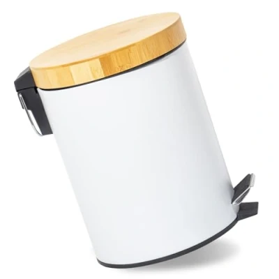 Abbildung von GREELUE 5L Mülleimer Bad mit Holzdeckel, Kosmetikeimer Absenkautomatik (Soft Close), Badezimmer eimer, Abfalleimer (Weiß 5L)