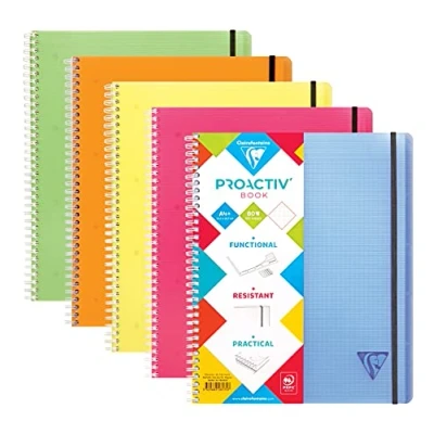 Abbildung von Clairefontaine 328175C Heft Proactiv&#039;Book DIN A4+ 22,5x29,7 cm, 80 Blatt, kariert mit Rand und Kopfleiste, 4 fach gelocht zur Ablage im Ringbuch / Ordner, Einband aus PP, farbig sortiert, 1 Stück