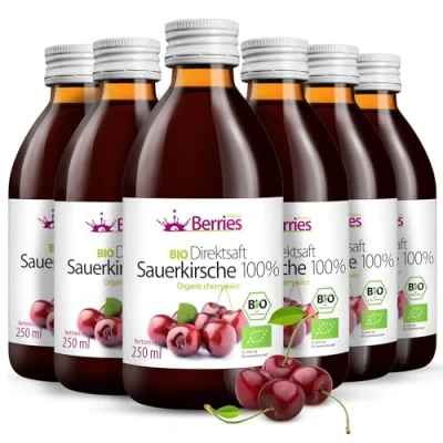 Abbildung von BIO Sauerkirschsaft 6er Pack (6x250ml) purer Sauerkirsche Direktsaft 100% Kaltgepresst Kirsche Muttersaft ohne GMO, Konservierungsstoffe, Zuckerzusatz Vegan, Öko, BerriesPolska®