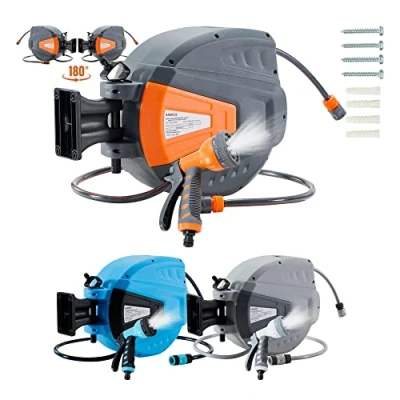 Abbildung von Arebos Schlauchaufroller 30 m Schlauchtrommel Wand Schlauchbox mit Arretierstop &amp; 9 Sprühunktionen 180 Schwenkbar Inkl.Wandhalterung Automatischer Aufrollmechanismus Gartenschlauch Orange