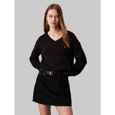 Abbildung von Calvin Klein Jeans Badge Vneck Strickpullover, Damen, Größe: XL, Black