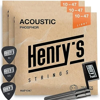 Abbildung von 3 Pack Light Gitarrensaiten für Westerngitarre Akustikgitarre 10 47 Extra 3xE1 Saite &amp; 3xPlektren Saitenkurbel Phosphorbronze Saiten