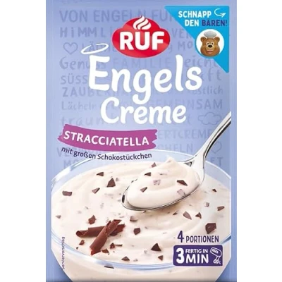 Abbildung von RUF Engels Creme Straciatella, Dessertpulver für eine Dessertcreme mit Sahne Vanille Geschmack und großen Schoko Stückchen, 4 Portionen