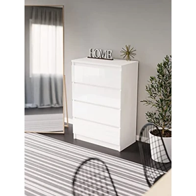 Abbildung von 3xEliving Elegante und geräumige Kommode mit 4 Schubladen, 102 cm, Weiß/Weiß glänzend, perfekt für Wohnzimmer, Büro, Schlafzimmer