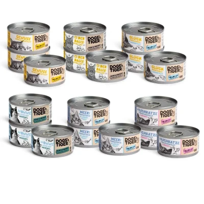 Abbildung von Dogs’n Tiger Adult Katzenfutter, Nassfutter, Getreidefrei, ohne Zuckerzusatz &amp; künstliche Konservierungsstoffe, Hohe Akzeptanz, Mixpaket Filet olé!, Fisch, Muscheln, Shrimps Huhn, 18 TLG. Set