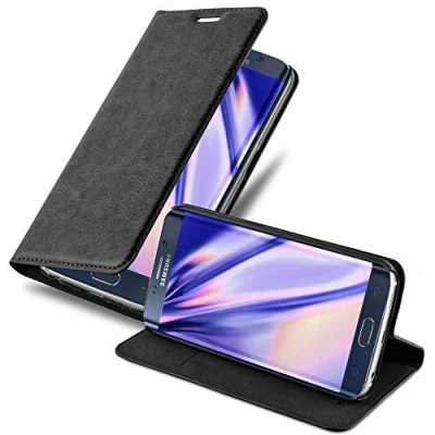 Abbildung von Cadorabo Hülle kompatibel mit Samsung Galaxy S6 Edge Plus aus Kunst Leder Flip Klappbare Stoßfeste Magnetische [Standfunktion] [Kartenfächern] Cover für Tasche in Schwarz