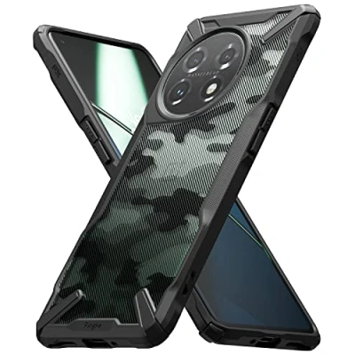 Abbildung von Ringke Fusion X Kompatibel mit Oneplus 11 5G Hülle, [Fallschutz in Militärqualität] Handschlaufe Loch Fingerabdruckfest 3D Militär Muster Camo Black