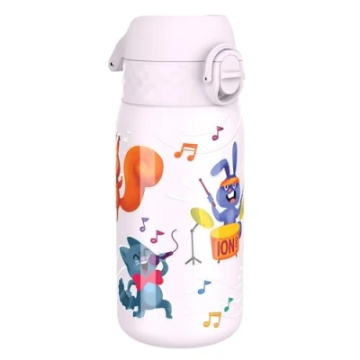 Abbildung von Ion8 Kinder Trinkflasche, Edelstahl 400ml, Auslaufsicher, Einhandöffnung, Sichere Verriegelung, Spülmaschinenfest, Klappdeckel, Tragegriff, Leicht zu Reinigen, Langlebig, Tierband Design