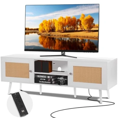 Abbildung von VEVOR Rattan TV Ständer für 165 cm Fernseher, Boho mit Rattantür, Fernsehschrank eingebauter Steckdose und USB Anschlüssen, Moderne Konsole Wohnzimmer, Medienraum, weiß