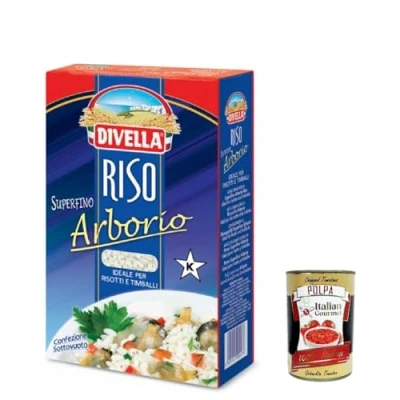 Abbildung von 6x Divella Riso Arborio, Runde Reiskörner, italienischer Reis, ideal für Risottos und Timbales., 1kg Vakuumverpackung + Italian Gourmet polpa 400g