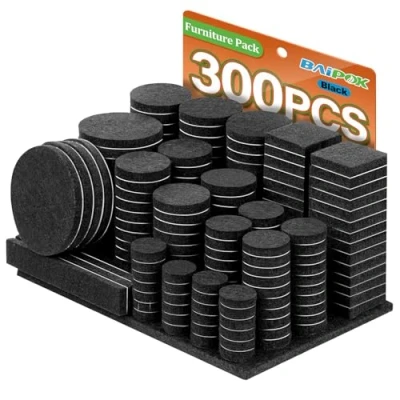 Abbildung von Filzgleiter Selbstklebend Set 300 Stück Schwarz Premium Möbelgleiter Filz Pads 5 mm Starke für Stühle Bodengleiter Effektiver Schutz Ihrer Möbel &amp; Holzfußböden(Eckig und Rund)