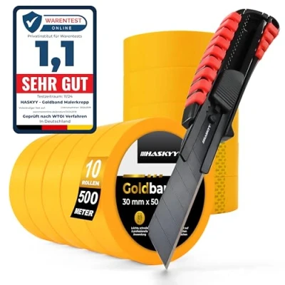 Abbildung von HASKYY Kreppband 10x Goldband 30mmx50m Profi Malerkrepp &amp; Premium Cuttermesse