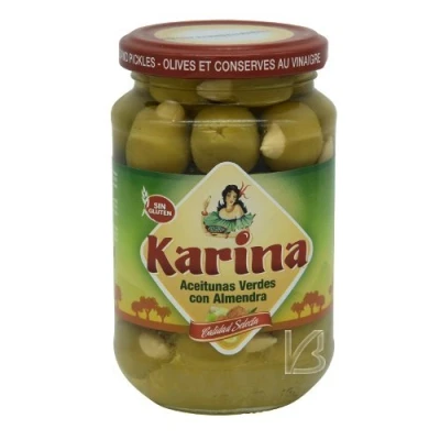 Abbildung von Karina grüne Manzanilla Oliven gefüllt mit Mandeln 200g, Aceitunas