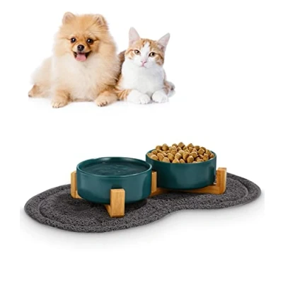 Abbildung von JOFLVA Futternapf Hund Keramik Katze Doppelt für Hunde und mit Bambus Ständer Rutschfester Unterlage (400ml, 2 Grün)