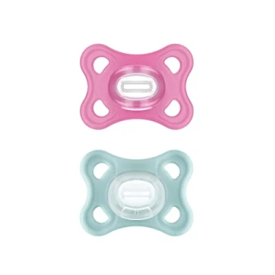 Abbildung von MAM Comfort Schnuller im 2er Set, besonders kleiner und leichter Baby für Neugeborene &amp; Babys aus 100% Silikon, mit weichem SkinSoft Saugteil Schnullerbox, 3 12 Monate, pink
