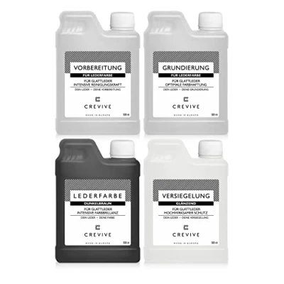 Abbildung von CREVIVE Lederfarbe Set Farbe wählbar für die optimale Lederfärbung Lederreiniger, Grundierung, Lederfarbe, Versiegelung, je 500 ml Dunkelbraun Glänzend