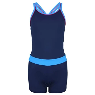 Abbildung von Aquarti Mädchen Badeanzug mit Bein Racerback, Farbe: Dunkelblau/Blau, Größe: 128