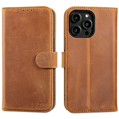 Abbildung von LENSUN Echtleder Hülle für iPhone 14 Pro Max, Handyhülle [Echtes Leder][Magnetverschluss][RFID Schutz] Handytasche Lederhülle Max 5G Vintage Braun