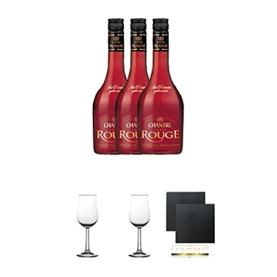 Abbildung von Chantrè Cuvee Rouge 3 x 0,7 Liter + 2 Bugatti Nosing Gläser mit Eichstrich 2cl und 4cl Schiefer Glasuntersetzer eckig ca. 9,5 cm Ø