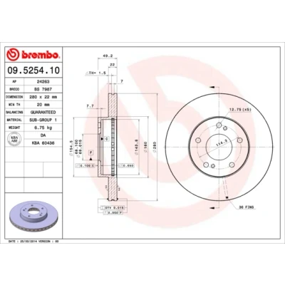 Abbildung von BREMBO 09.5254.10 Bremsscheibe 280 22 5 innenbelüftet NISSAN: Skyline Limousine, MAXIMA IV QX 2