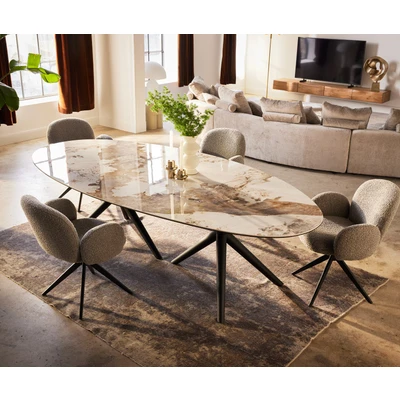 Abbildung von Esstisch Edge Oval 280x130 Keramik Minas Melange Weiß Beige Estelar rund Metall Schwarz