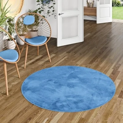 Abbildung von Pergamon Luxus Super Soft Hochflor Langflor Teppich Rund Flauschig Weich Wohnzimmer Schlafzimmer Melia Blau