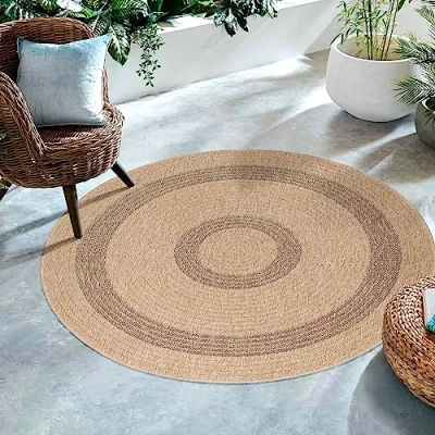 Abbildung von Outdoorteppich Vintage Design, SIMPEX24, Rund, Höhe: 5 mm, Runder Teppich Design Naturfarben für Terrassen Küchen Balkon