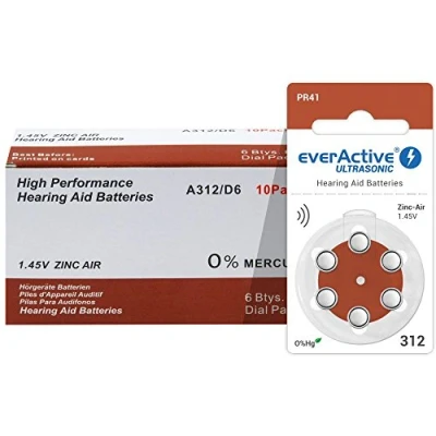 Abbildung von 120x EverActive UltraSonic Typ 312 Hörgerätebatterie Zinc Air Zink Luft P312 PR41 ZL3 Quecksilberfrei Mercury Free
