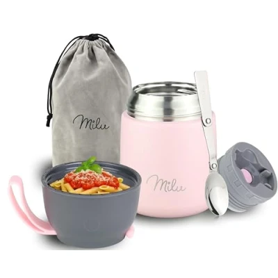 Abbildung von Milu® Thermobehälter für Essen 650ml, Edelstahl Warmhaltebehälter mit Löffel, Thermobecher Essen, Thermo Lunchbox Kinder, Erwachsene, Thermobox Suppen, Babybrei, Speisebehälter Rosa, 650ml