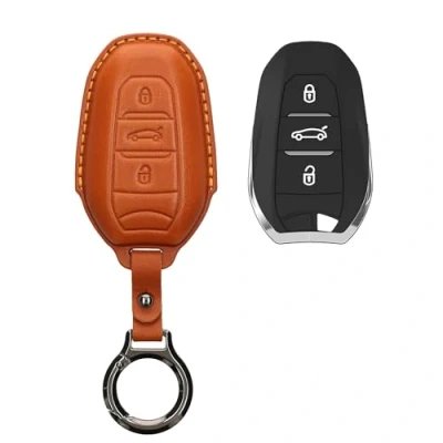 Abbildung von kwmobile Premium Leder Autoschlüssel Schutzhülle kompatibel mit Peugeot Citroen 3 Tasten Smartkey (nur Keyless Go) Hülle Schlüssel Tasche Braun