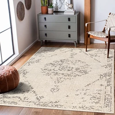 Abbildung von Surya Lexington Vintage Teppich orientalischer Wohnzimmer, Esszimmer, Schlafzimmer Boho Teppich, Kurzflor für einfache Pflege Groß 160x213cm, Elfenbein