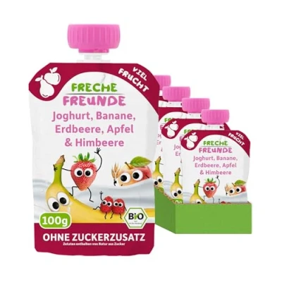 Abbildung von FRECHE FREUNDE Bio Quetschie Joghurt, Banane, Erdbeere, Apfel &amp; Himbeere, Fruchtmus mit Obst im Quetschbeutel für Babys ab dem 6. Monat, vegan, 6er Pack (6 x 100g)